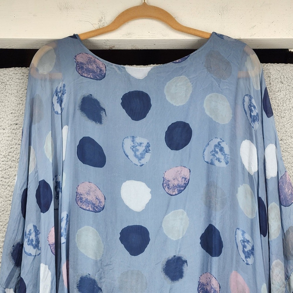 Made in Italy Silk Blend Polka Dot Ponho Top Blue Painterly Layered Lagenlook - Picture 12 of 14